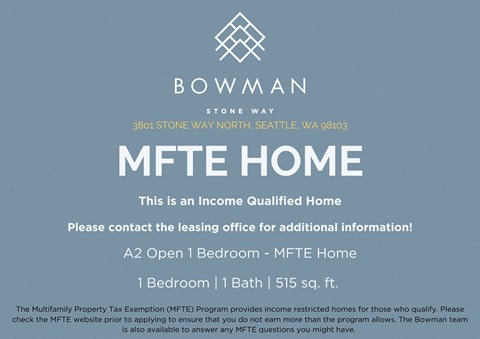 An advertisement for a bowman MFTE home located at 3801 Stone Way North Seattle, WA 98103.